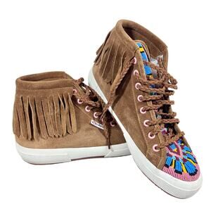 ALANUI x Superga Beaded Mid Top Sneaker Women 9.5 Brown Suede Fringe Italy Used